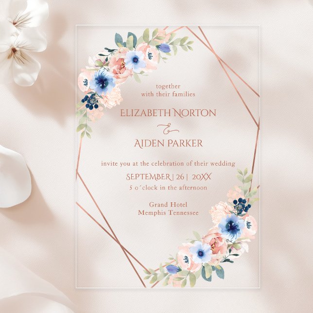 Peach, Blue, Floral Wedding Collection Acrylic Inv Invitations (Peach, Blue, Floral Wedding Collection Acrylic Inv Acrylic Invitations)