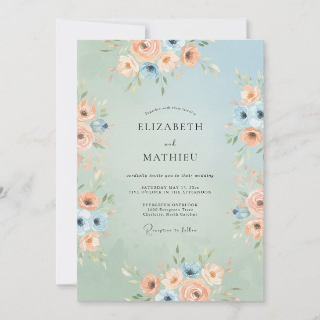Peach Blue Floral Whimsy Wedding Invitation (Front)