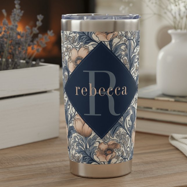 Peach Blue Floral William Morris Elegant Monogram Insulated Tumbler (Creator Uploaded)