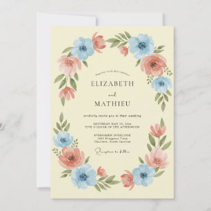 Peach Blue Floral Wreath Wedding Invitation