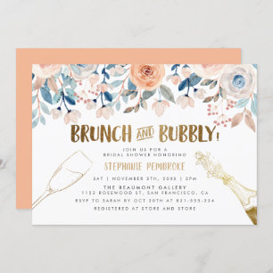 Peach & Blue Flowers Golden Bridal Brunch & Bubbly Invitation