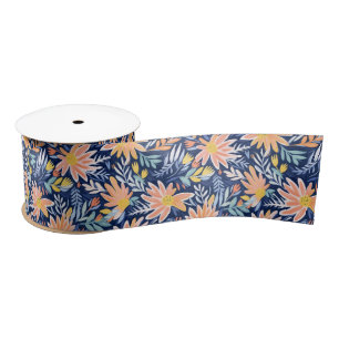 Peach blue folk floral satin ribbon