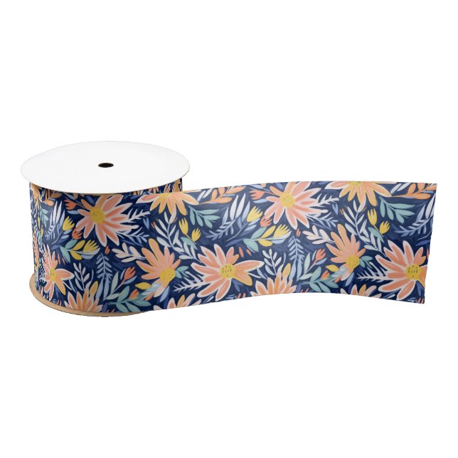 Peach blue folk floral satin ribbon (Spool)