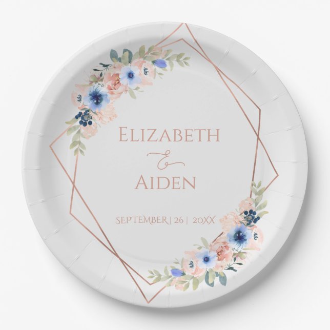 Peach Blue Light-Grey Wedding Collection Paper Plate (Front)