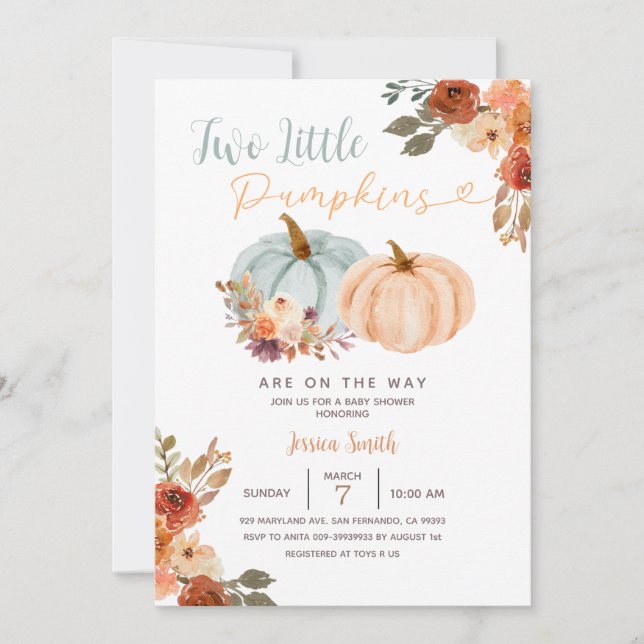Peach & Blue Mint Two Little Pumpkin Baby Shower  Invitation (Front)