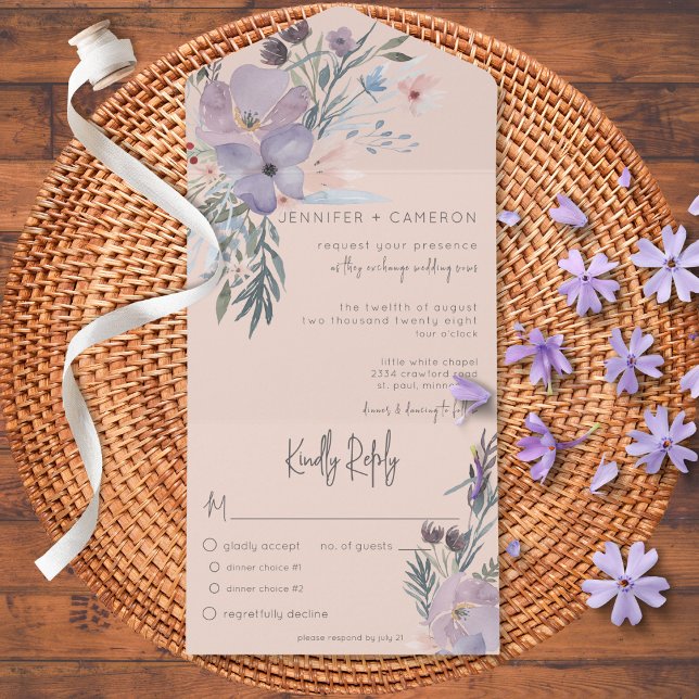 Peach Blue & Purple Boho Floral Blush Dinner All In One Invitation (Creator Uploaded)