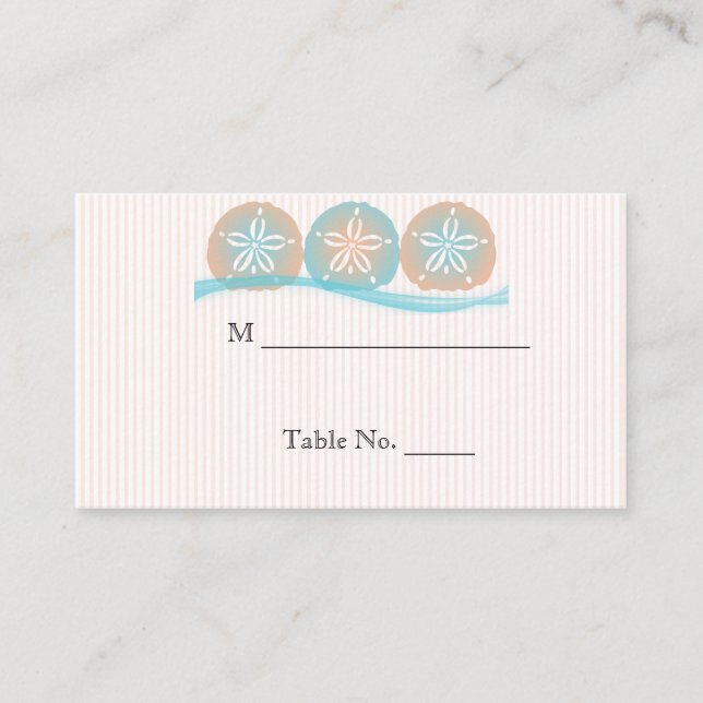 Peach Blue Sand Dollars Beach Wedding Place Cards (Front)