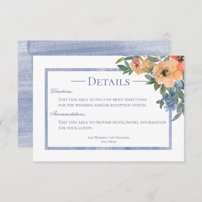 Peach & Blue Watercolor Floral Details Enclosure Card (Front/Back)