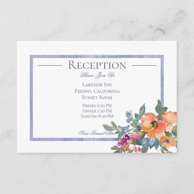 Peach & Blue Watercolor Floral Reception Wedding Enclosure Card (Front)