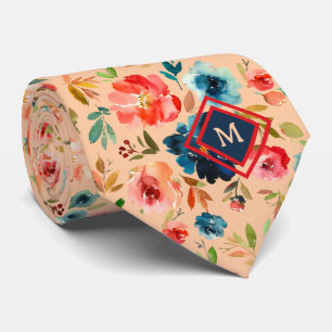 Peach Blue Watercolor Roses Monogram Tie