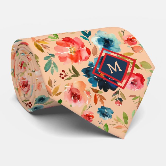 Peach Blue Watercolor Roses Monogram Tie (Rolled)