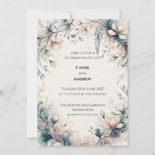 Peach Blue Watercolour Floral Wedding Invitation