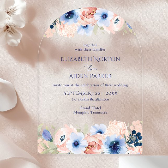 Peach Blue Wedding Collection Acrylic Invitations (Modern, wedding, arch, acrylic invitation floral. In the colors Gold, Peach & Blue.)