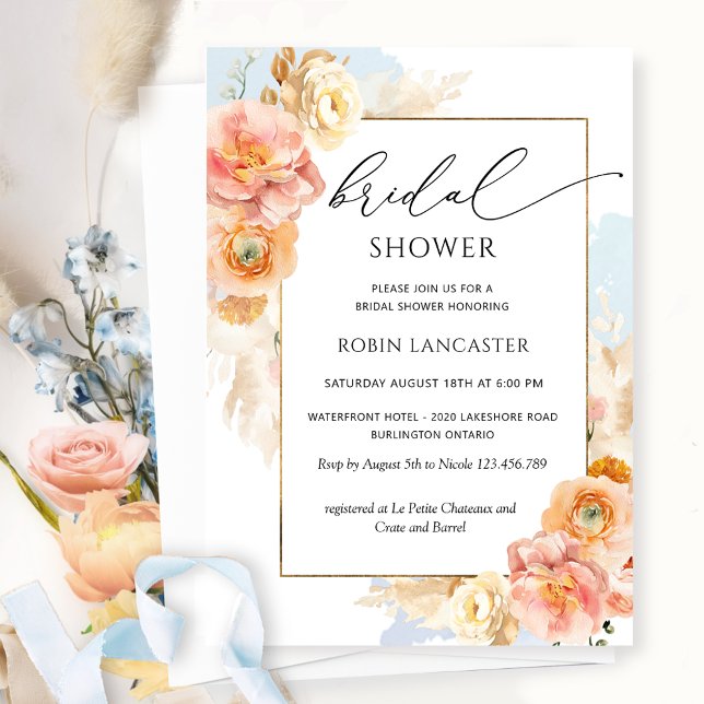 Peach, Blush and Blue Floral Bridal Shower /Brunch Invitation (Creator Uploaded)