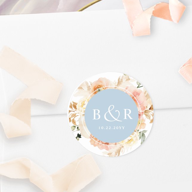 Peach Blush and Blue Wedding Envelope / Favour Classic Round Sticker (Creator Uploaded)