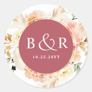 Peach Blush and Burgundy Wedding Envelope / Favour Classic Round Sticker