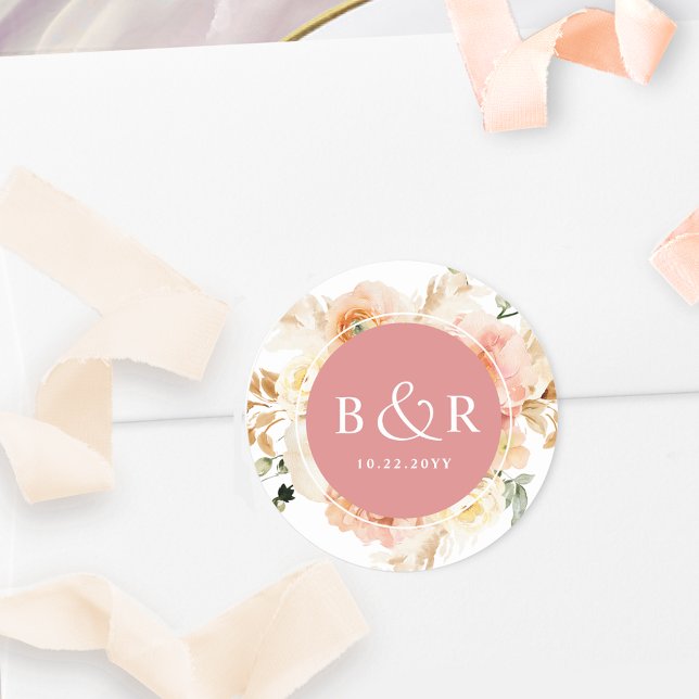 Peach Blush and Coral Wedding Envelope / Favour Classic Round Sticker (Creator Uploaded)