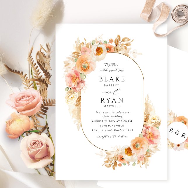 Peach Blush and Cream Oval with Monogram Wedding Invitation (Creator Uploaded)