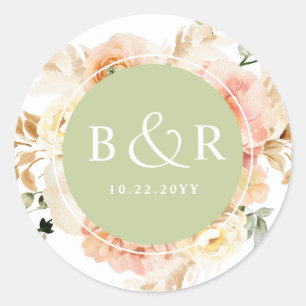 Peach, Blush and Green Wedding Envelope / Favour Classic Round Sticker