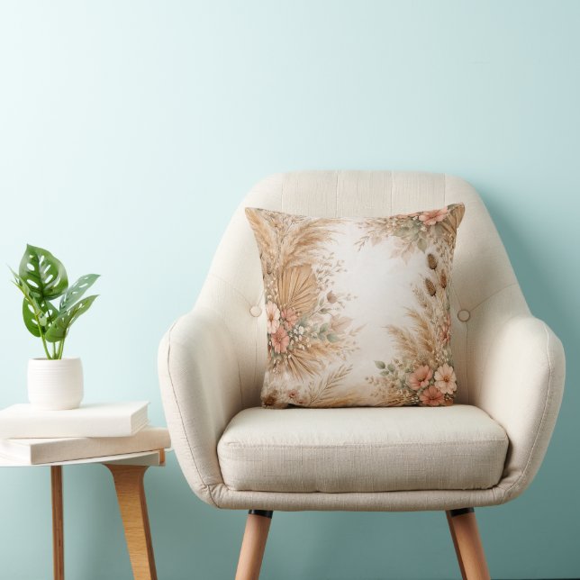 Peach Blush Boho Pampas Floral Frame Cushion (Chair)