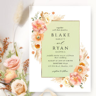 Peach, Blush Cream and Green Floral Chic Wedding I Invitation