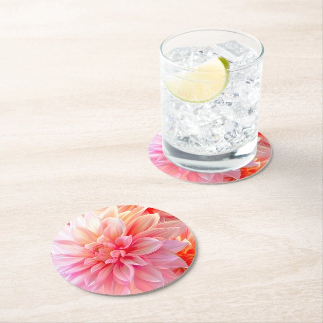 Peach Blush Dahlia Blossom Round Paper Coaster (Insitu)