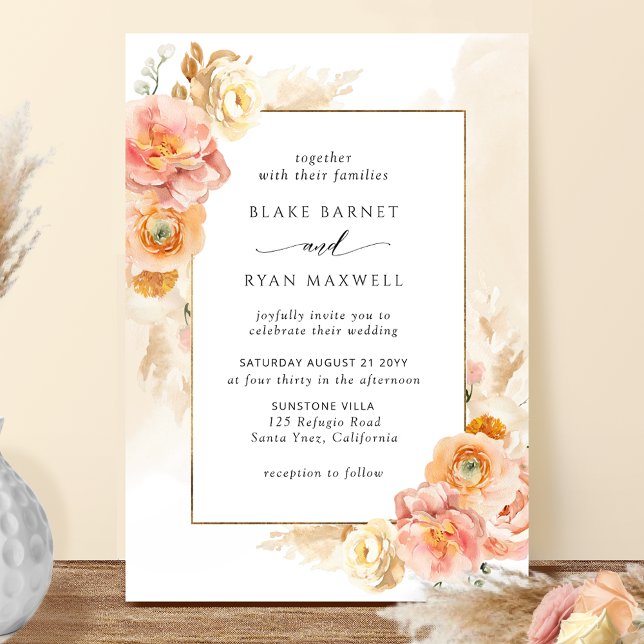  Peach Blush Floral, Cream Watercolor Chic Wedding Invitation (Creator Uploaded)