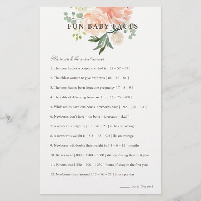 Peach Blush Floral Fun Baby Facts Baby Shower Flyer (Front)