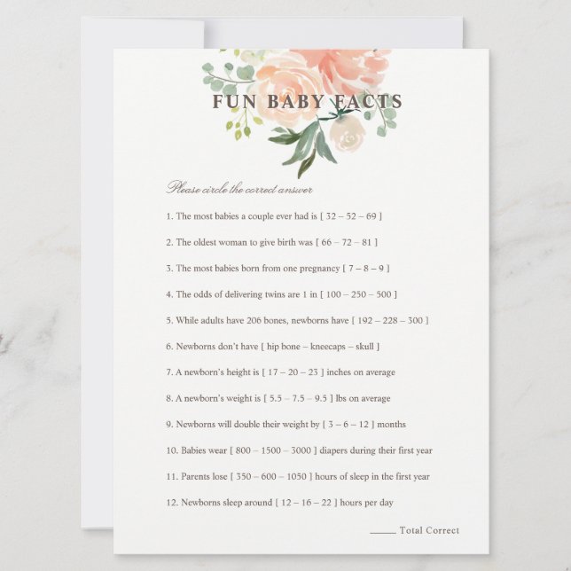 Peach Blush Floral Fun Baby Facts Baby Shower Game Invitation (Front)