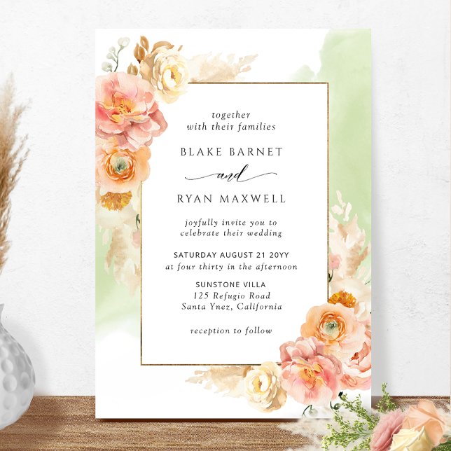 Peach Blush Floral, Green Watercolor Chic Wedding  Invitation (Creator Uploaded)