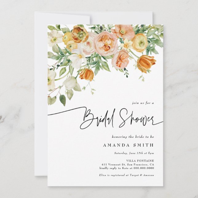 Peach Blush Floral Greenery Summer Bridal Shower Invitation (Front)