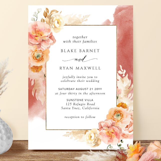 Peach Blush Floral, Rust Watercolor Chic Wedding Invitation (Creator Uploaded)