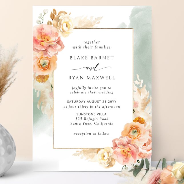 Peach Blush Floral, Sage Watercolor Chic Wedding Invitation (Creator Uploaded)