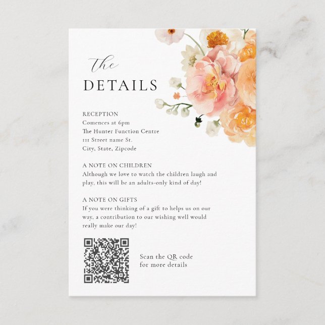 Peach & Blush Floral Wedding Details Card (Front)