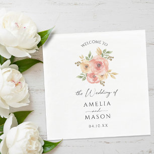 Peach Blush Floral White Wedding  Napkin