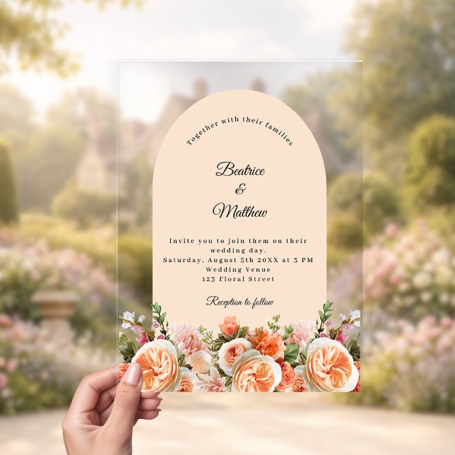 Peach blush florals arch clear wedding acrylic invitations (Creator Uploaded)