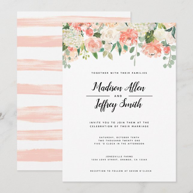 Peach & Blush Flowers Wedding Invitation (Front/Back)