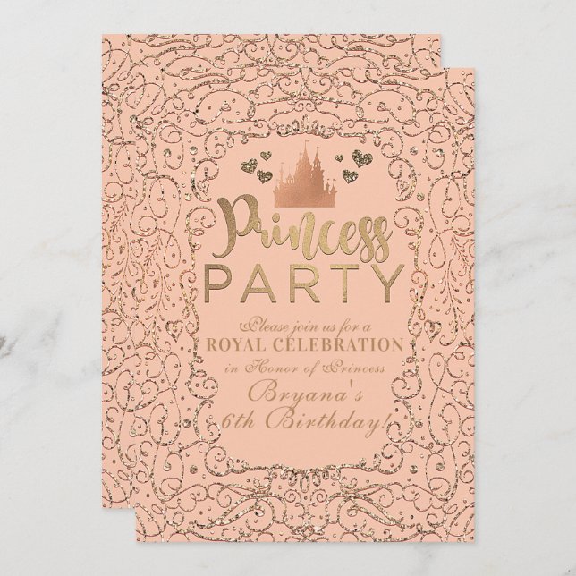 Peach Blush Gold Castle PRINCESS PARTY Birthday Invitation (Front/Back)