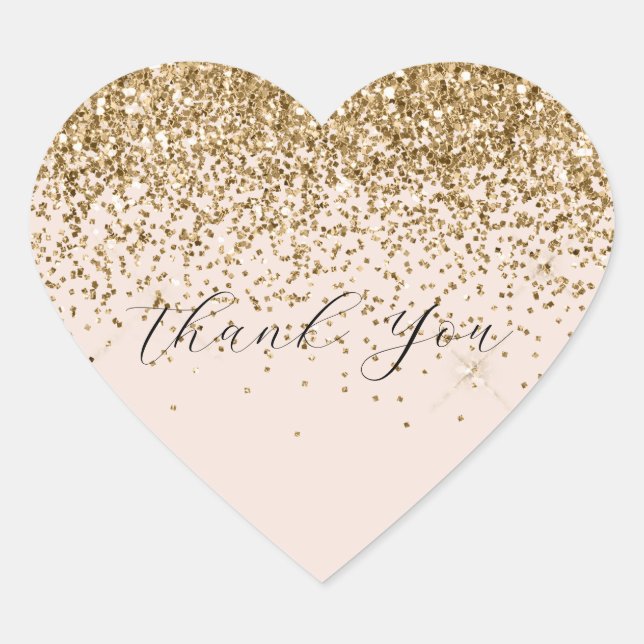 Peach Blush Gold Glam Glitter Thank You Heart Sticker (Front)