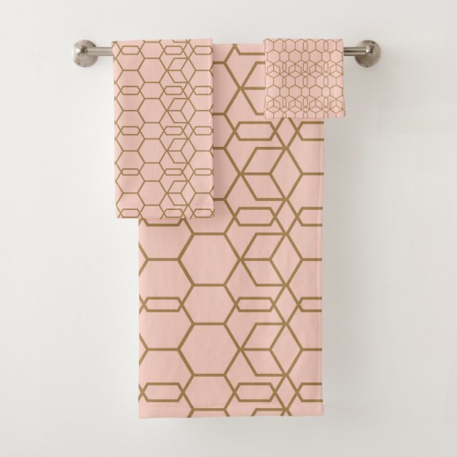 Peach Blush & Gold Modern Boho Geometric Glam Bath Towel Set (Insitu)