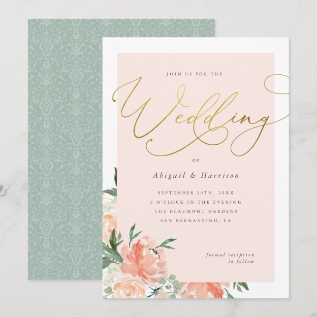 Peach Blush & Gold Script Floral Wedding Invitation (Front/Back)