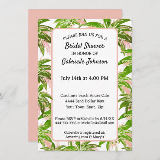 Peach Blush Green Palm Tree Summer Shower Party Invitation