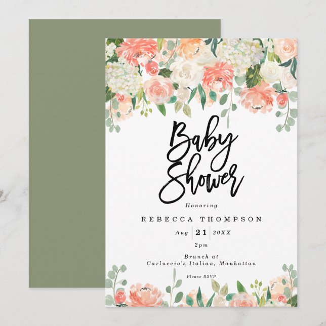 peach blush greenery boho modern baby shower invitation (Front/Back)