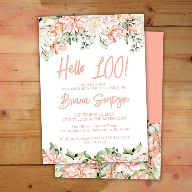 Peach Blush Ivory Floral 100th Birthday Party Invitation (Creator Uploaded)