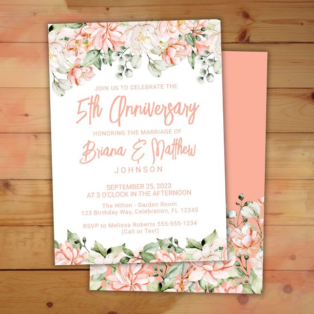 Peach Blush Ivory Floral 5th Wedding Anniversary  Invitation (Creator Uploaded)