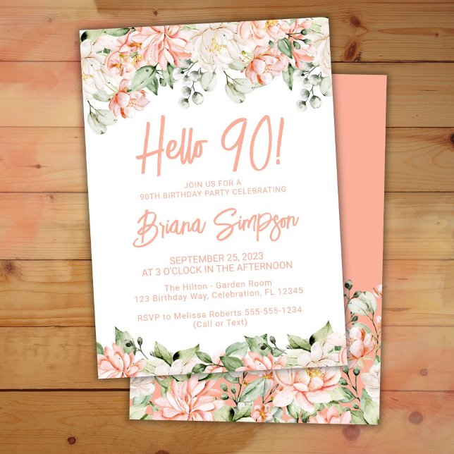 Peach Blush Ivory Floral 90th Birthday Party Invitation (Creator Uploaded)