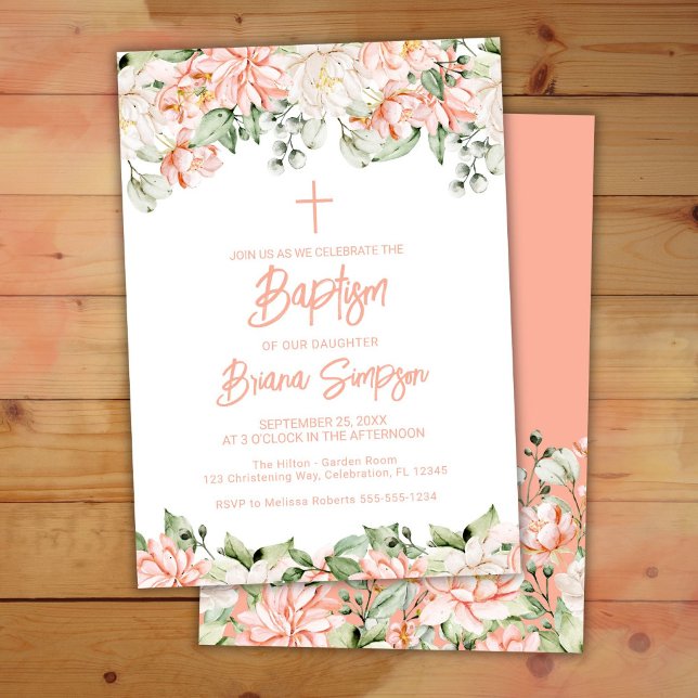 Peach Blush Ivory Flowers Floral Baptism Invitation (Creator Uploaded)