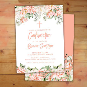 Peach Blush Ivory Flowers Floral Confirmation Invitation