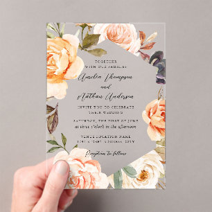 Peach Blush Modern Botanical Floral Wedding Acrylic Invitations