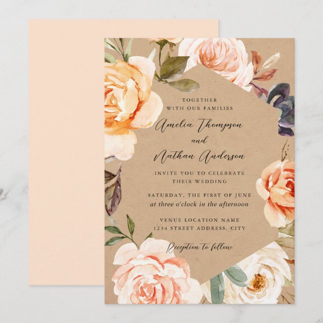 Peach Blush Modern Botanical Floral Wedding Invitation (Front/Back)